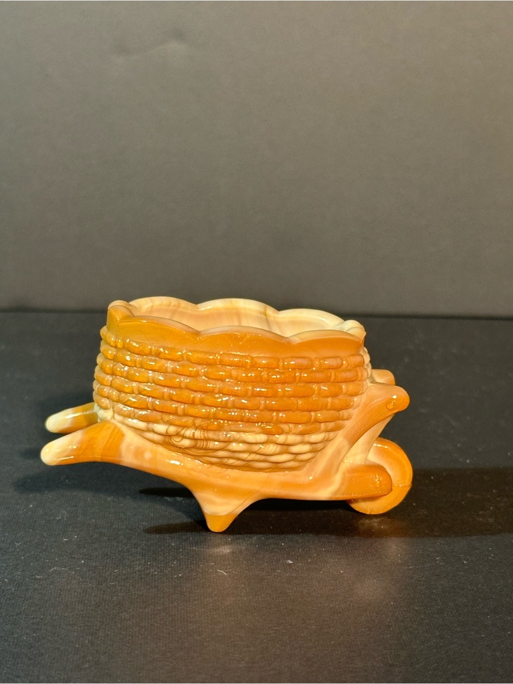 Vintage Joe St. Clair Glass Carmel Slag Wheelbarrow Toothpick Holder Salt Dips